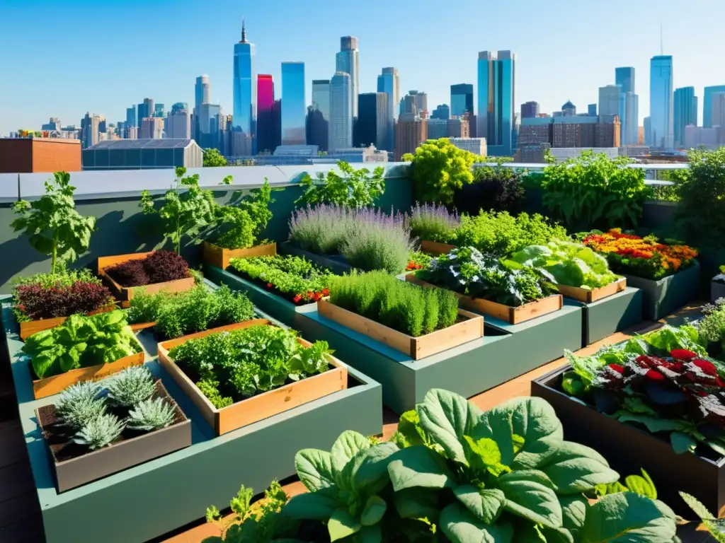 Un jardín urbano vibrante y bullicioso, con frutas, verduras y hierbas coloridas, bañado por la luz del sol