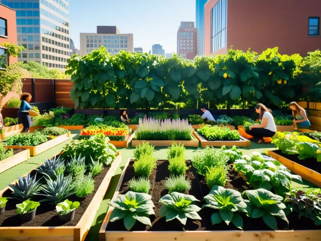 Un jardín urbano vibrante y bullicioso, con frutas, verduras y flores floreciendo entre edificios altos