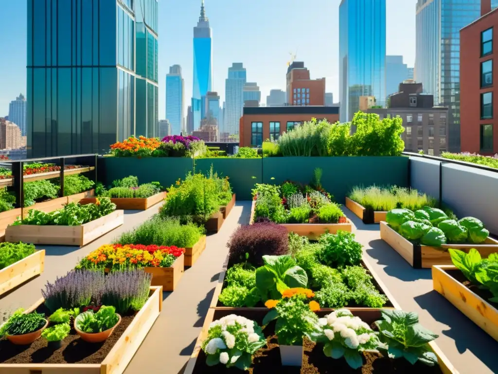 Un jardín urbano vibrante y bullicioso con hortalizas, hierbas y flores en camas elevadas y jardineras verticales