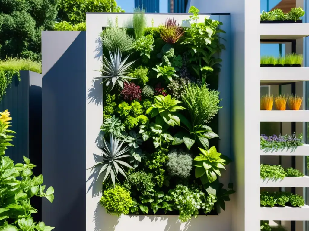 Un jardín urbano vibrante y bullicioso con huertos verticales rebosantes de vegetación, bañado por la luz del sol