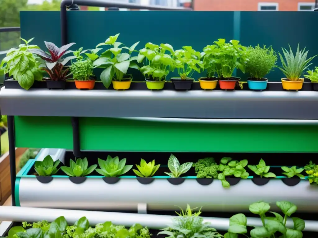 Un jardín urbano vibrante y bullicioso con un innovador sistema de acuaponía