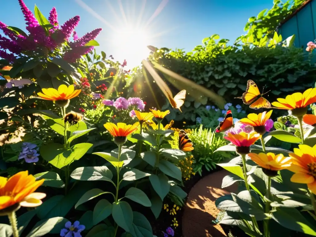 Un jardín urbano vibrante y bullicioso lleno de flores coloridas, abejas zumbando y delicadas mariposas revoloteando