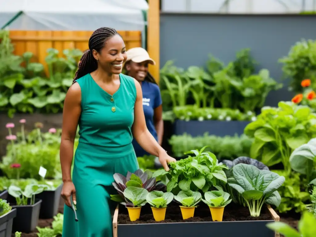 Un jardín urbano vibrante y bullicioso donde mujeres de diversas edades y orígenes contribuyen a la agricultura urbana con pasión y propósito