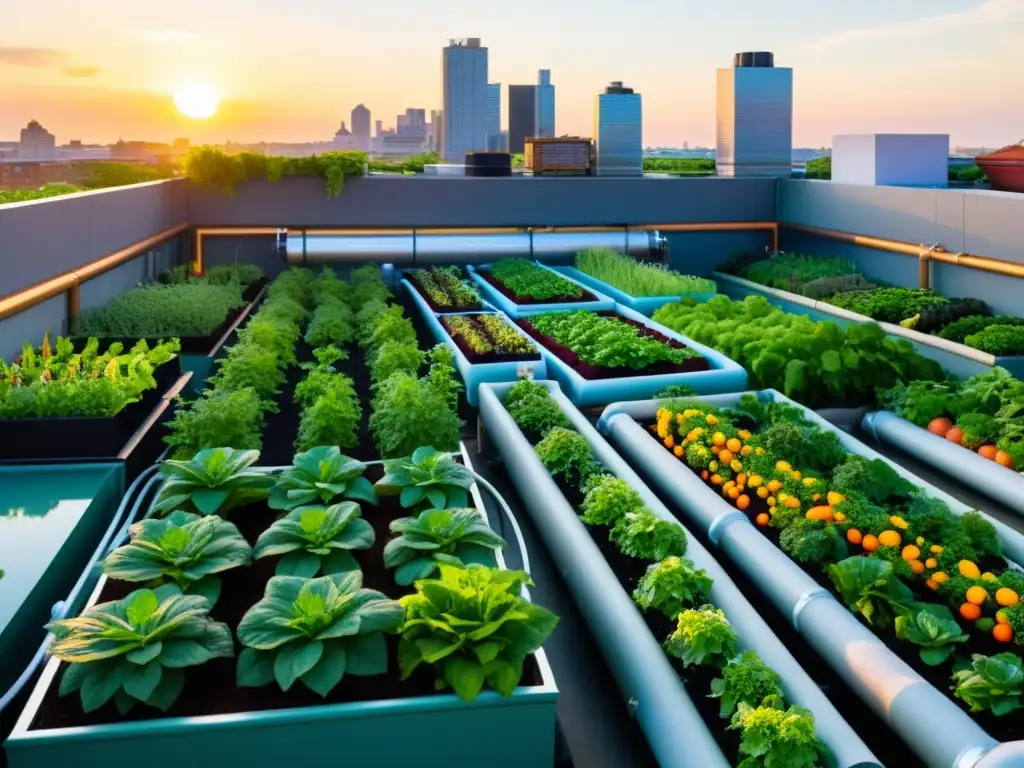 Un jardín urbano vibrante y bullicioso, con plantas exuberantes y frutas y verduras coloridas, destacando la acuaponía en agricultura urbana