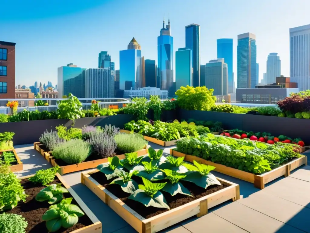 Un jardín urbano vibrante y bullicioso con plantas exuberantes y frutas y verduras coloridas, en contraste con los rascacielos de la ciudad