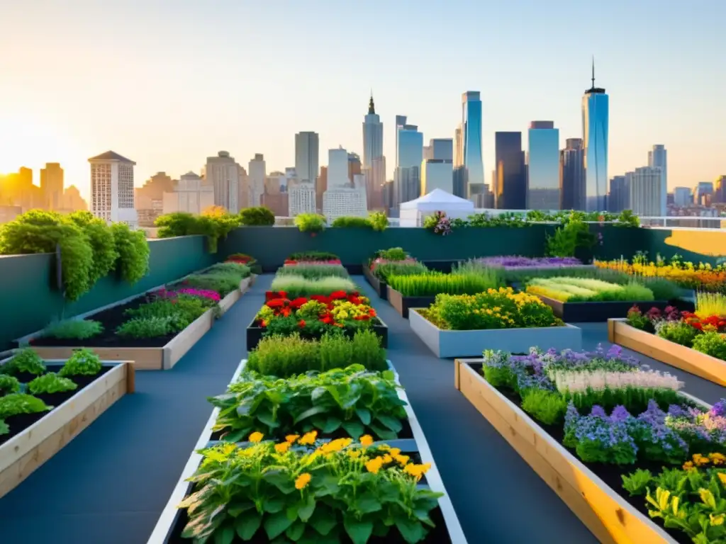 Un jardín urbano vibrante y bullicioso con plantas exuberantes y coloridas flores