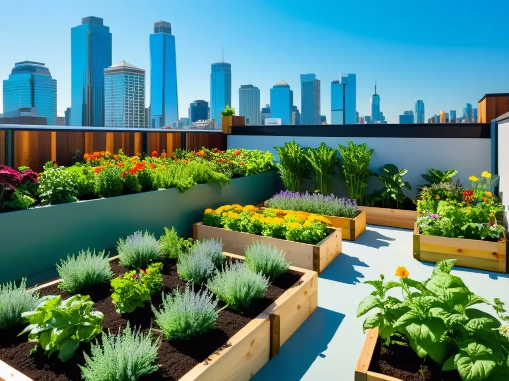 Un jardín urbano vibrante y bullicioso con plantas, vegetales y flores