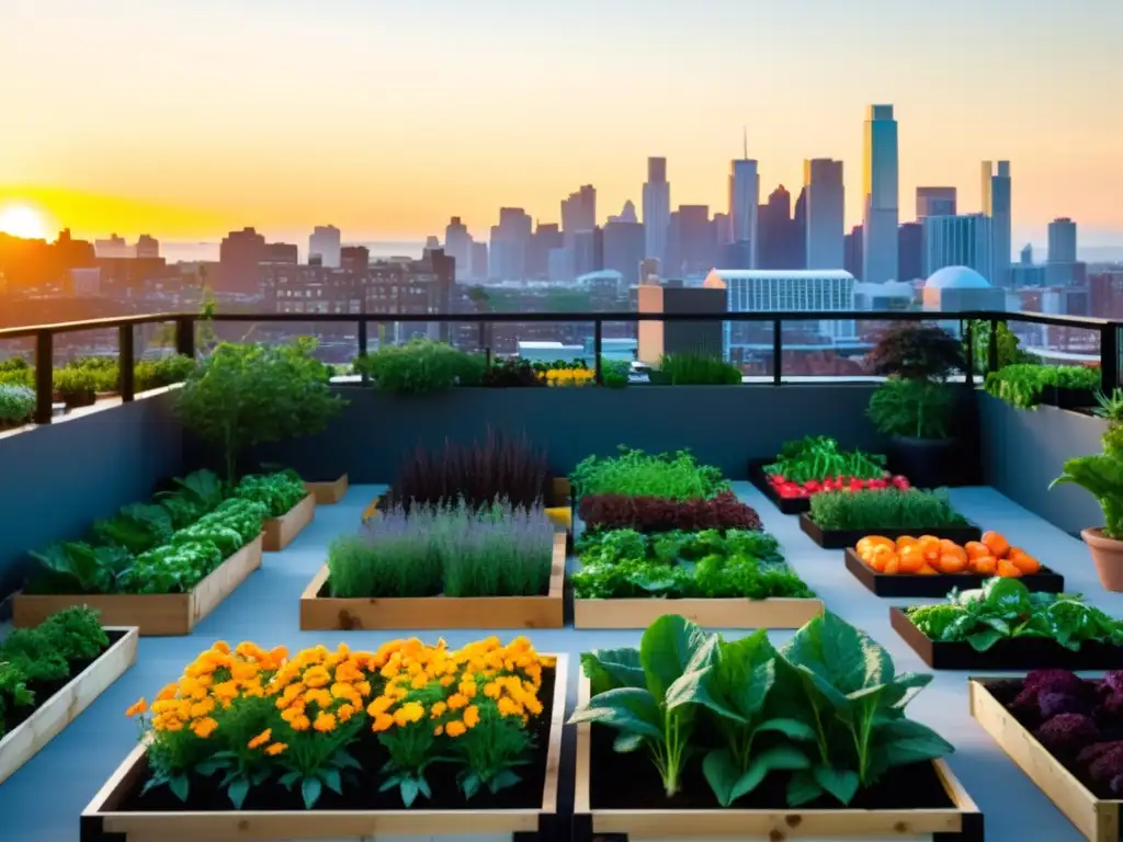 Un jardín urbano vibrante y bullicioso, repleto de vegetales, frutas y flores coloridas