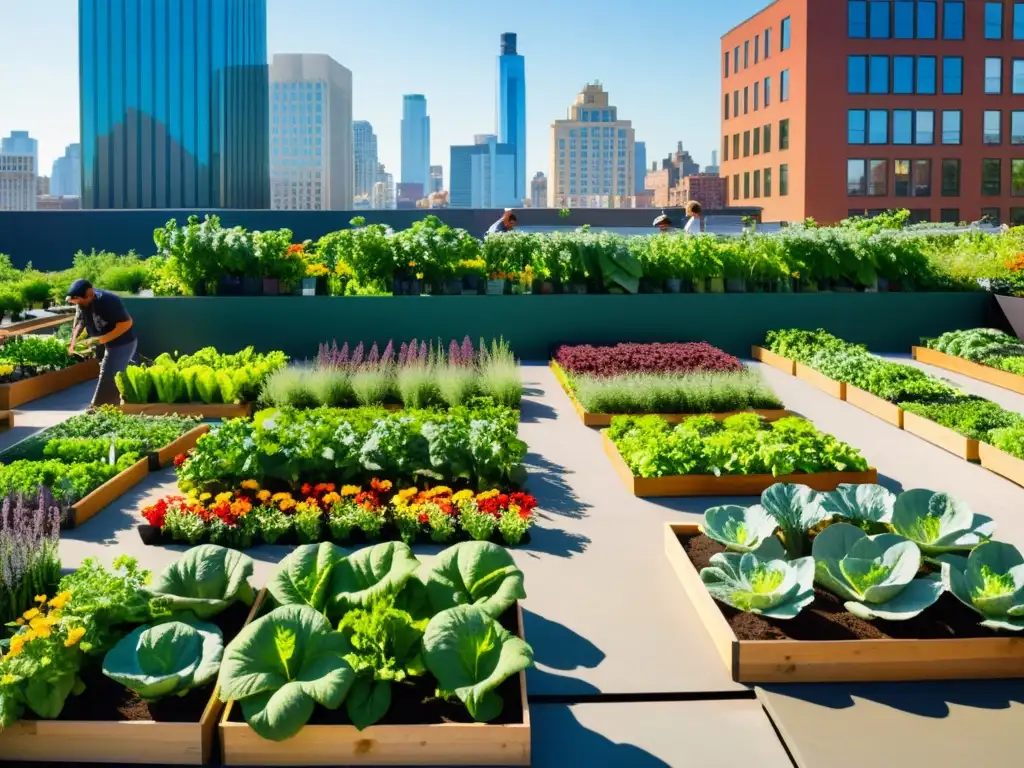 Un jardín urbano vibrante y bullicioso, rodeado de edificios altos, donde la luz solar ilumina las plantas