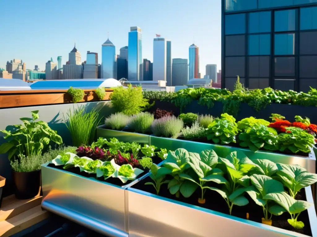 Un jardín urbano vibrante con acuaponía en la ciudad, donde la naturaleza y la vida urbana coexisten armoniosamente