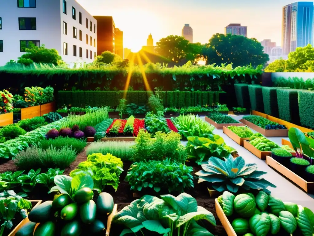 Un jardín urbano vibrante y colorido, lleno de frutas y verduras, irradiando vitalidad y sostenibilidad