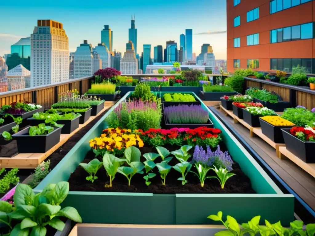 Un jardín urbano vibrante con compostaje como herramienta educativa para agricultura urbana, rodeado de altos edificios y lleno de vida y color