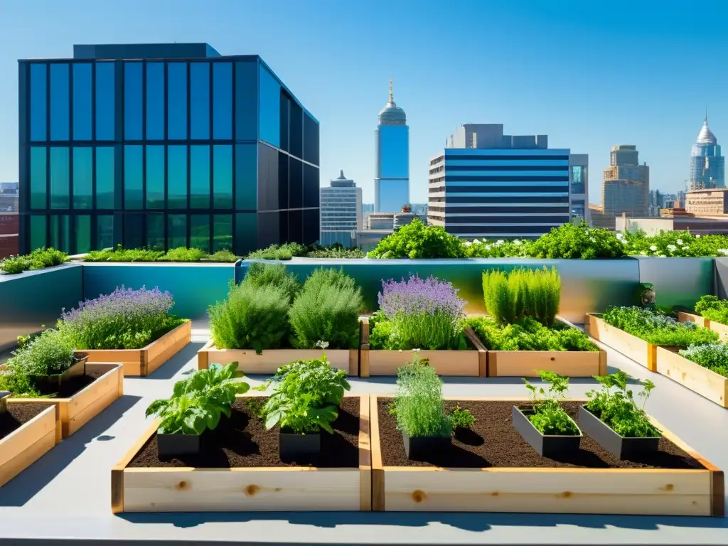 Un jardín urbano vibrante y comunitario, bañado por la luz cálida del sol, exudando alegría y sostenibilidad con la fermentación en huertos urbanos