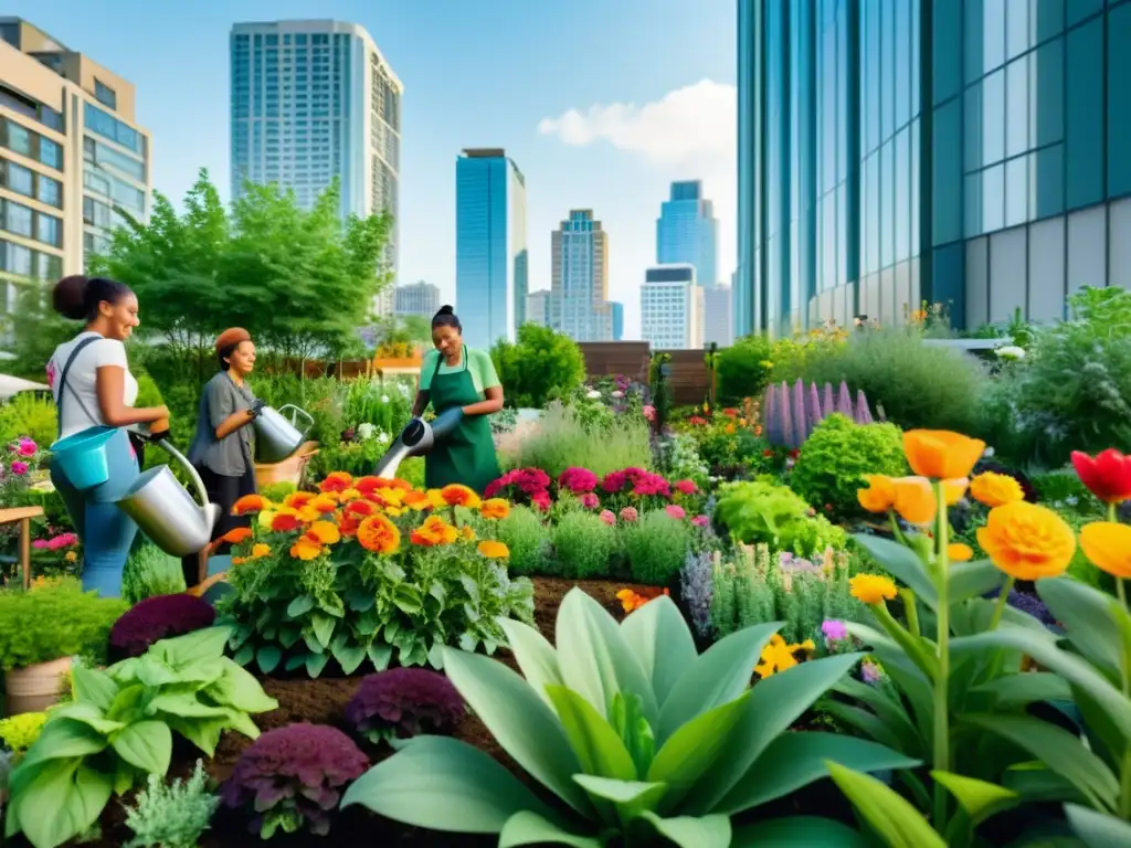 Jardín urbano vibrante con cuidadores sonrientes, flores coloridas y edificios modernos al fondo