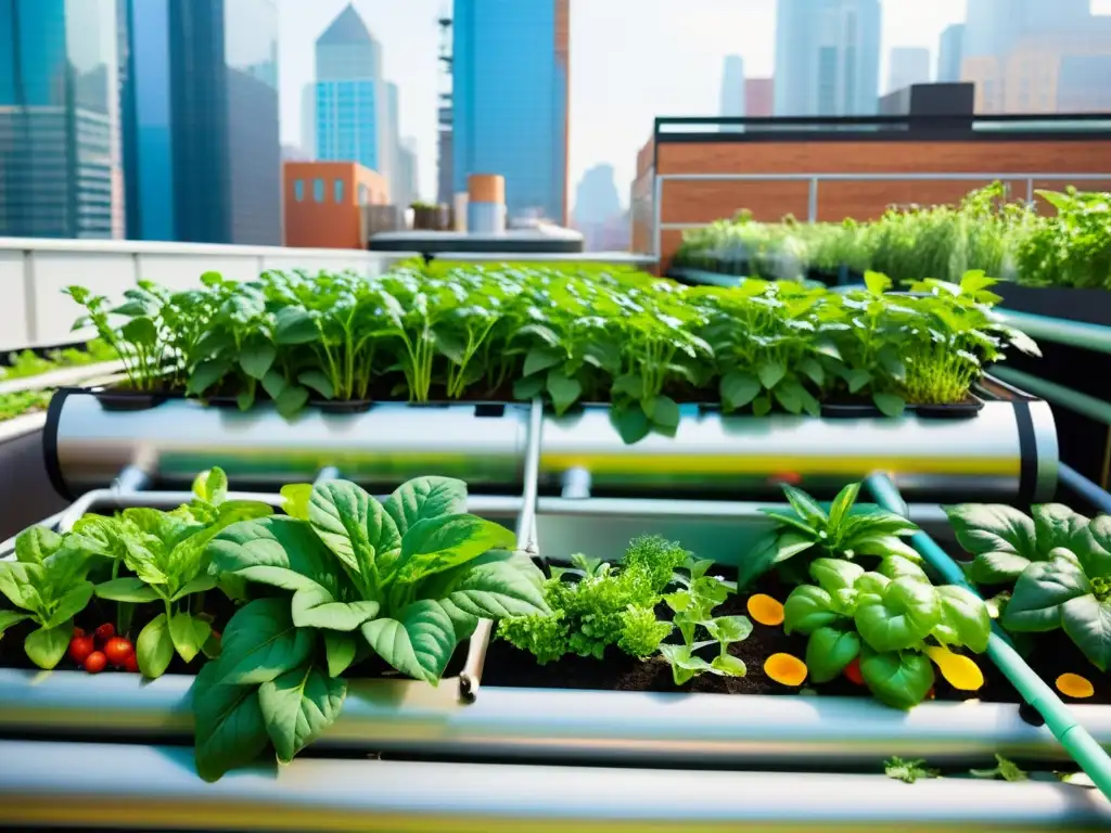 Un jardín urbano vibrante con cultivo de alimentos funcionales en acuaponía urbanos