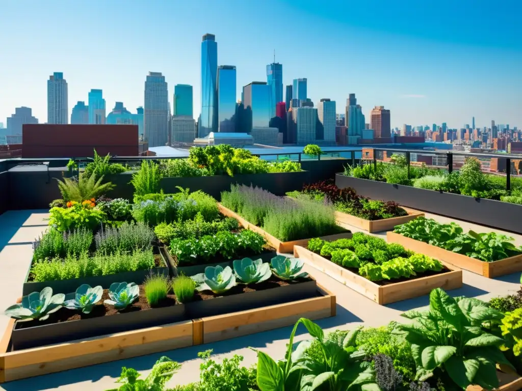 Jardín urbano vibrante con cultivos y vegetación, bañado por la luz del sol