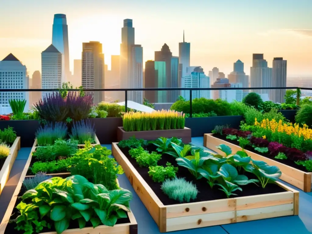 Jardín urbano vibrante con cultivos en camas elevadas y plantas verticales