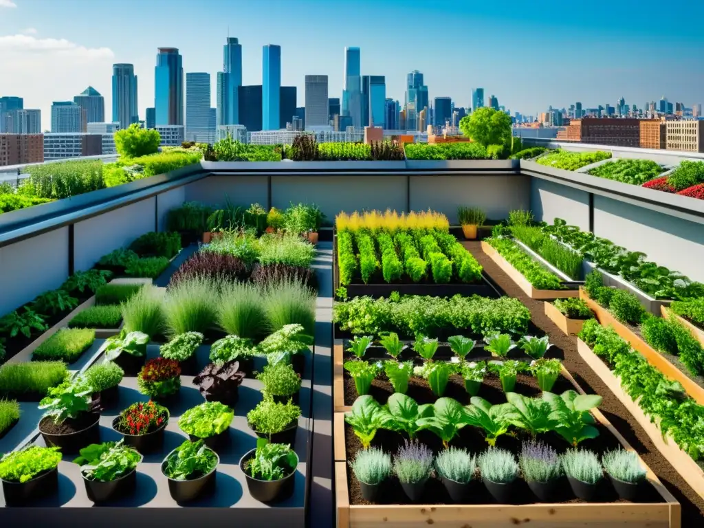 Jardín urbano de alta resolución: armonía vegetal en la ciudad Jardín urbano vibrante con cultivos en camas elevadas y plantas verticales, rodeado de modernos edificios