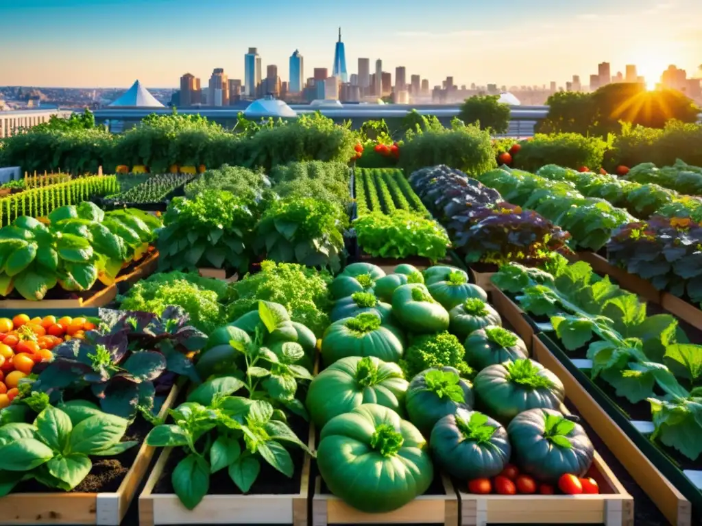 Jardín urbano floreciente: frutas y verduras vibrantes Un jardín urbano vibrante y detallado con alimentos funcionales