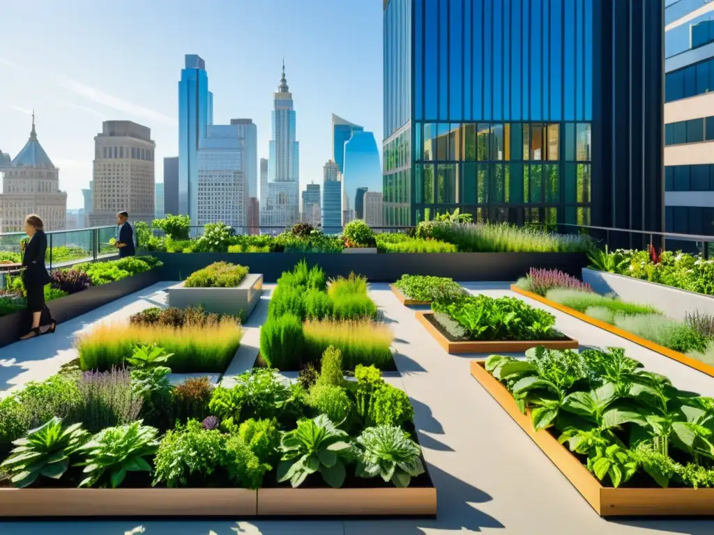 Un jardín urbano vibrante y detallado en un bullicioso entorno de rascacielos modernos, con apoyo gubernamental agricultura urbana