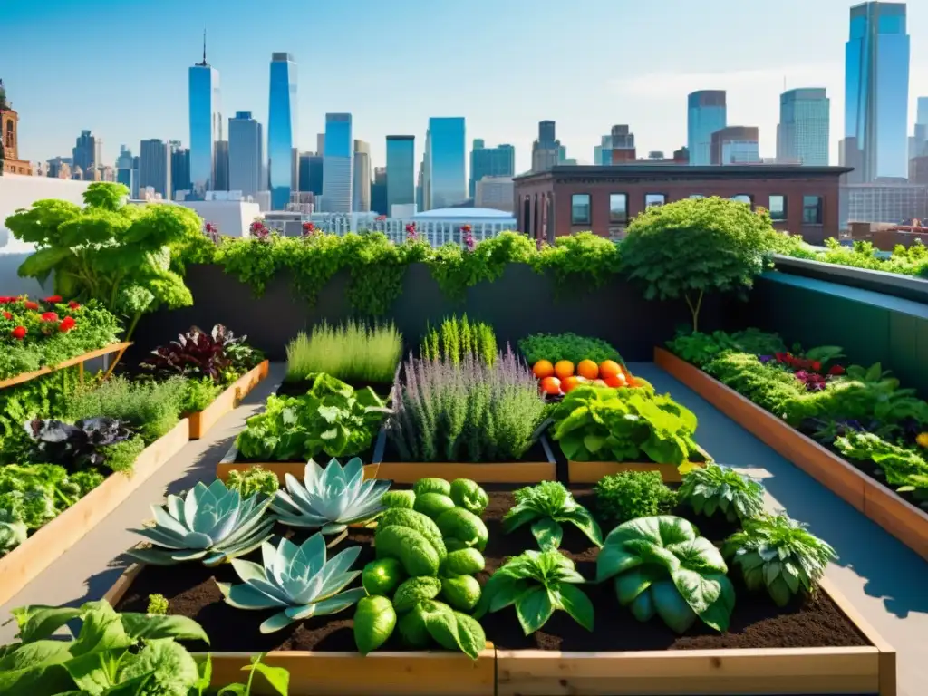 Un jardín urbano vibrante y detallado en contraste con la ciudad, mostrando los beneficios de los huertos urbanos en la isla de calor