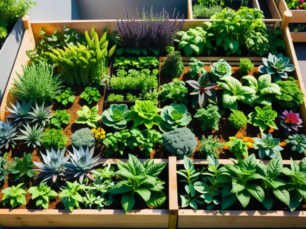 Un jardín urbano vibrante y detallado con frutas, verduras y flores