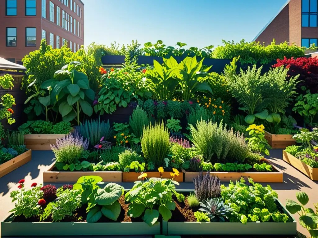 Un jardín urbano vibrante y detallado con frutas, verduras y hierbas, reflejando la innovación de los servicios de agricultura urbana