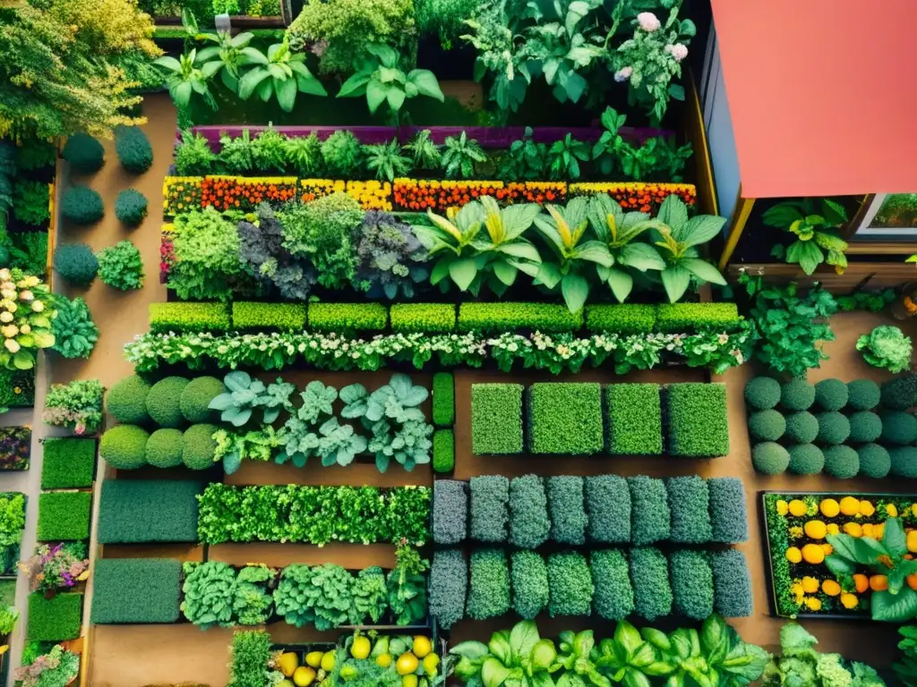 Un jardín urbano vibrante y detallado, con frutas, verduras y flores