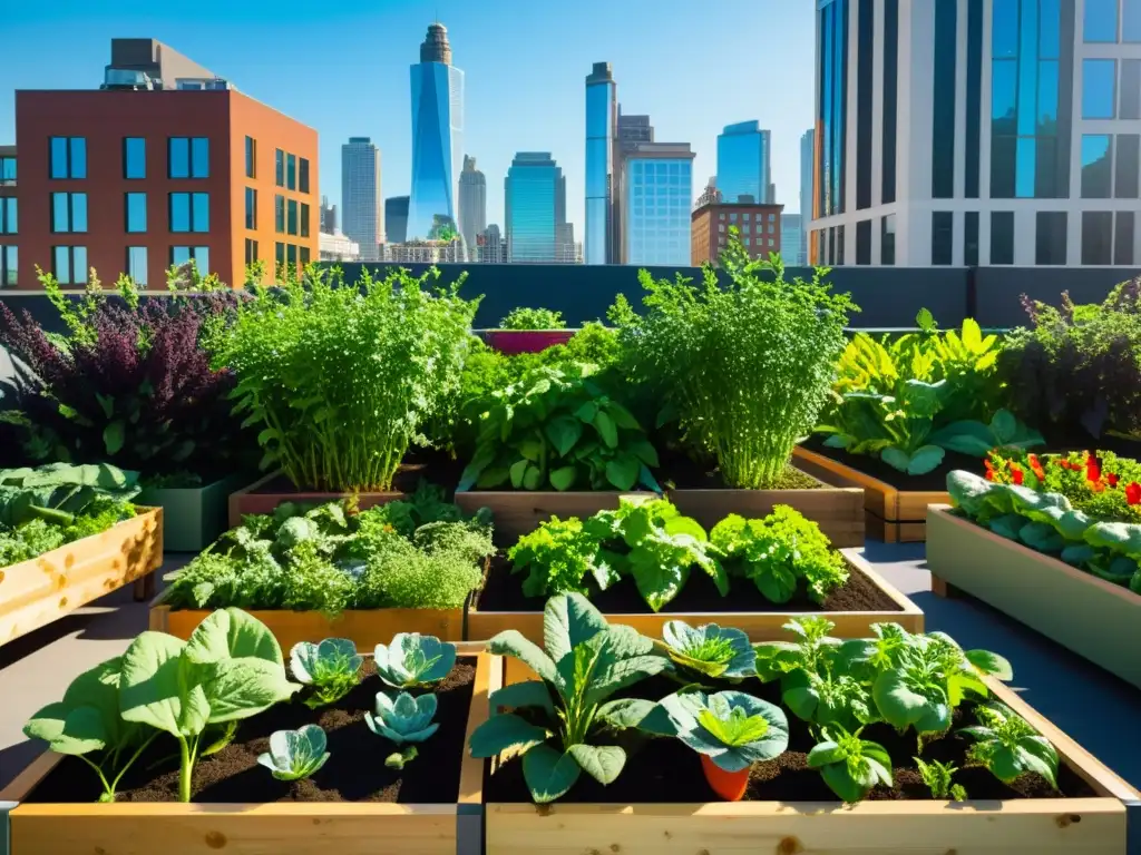 Un jardín urbano vibrante y detallado, rebosante de vida y diversidad de cultivos