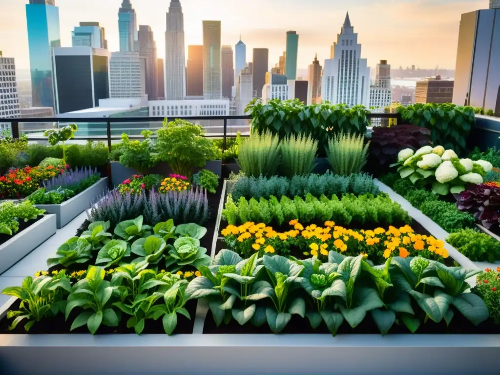 Un jardín urbano vibrante y detallado, rodeado de rascacielos modernos