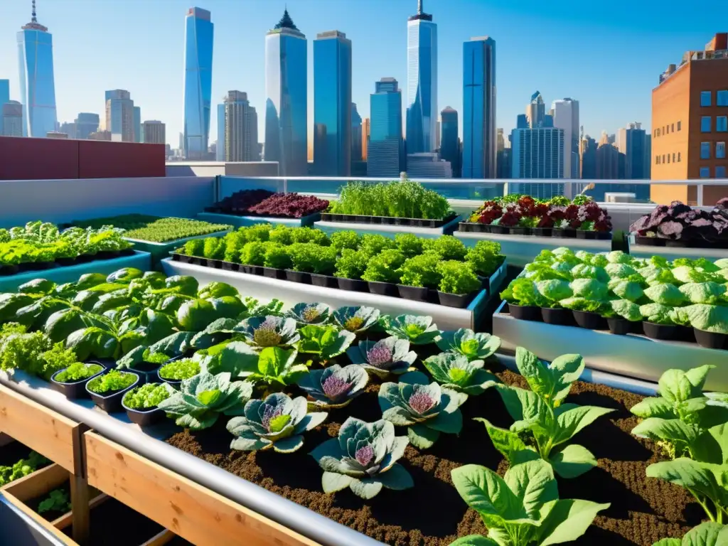 Un jardín urbano vibrante y detallado con vegetales maduros en un entorno de rascacielos