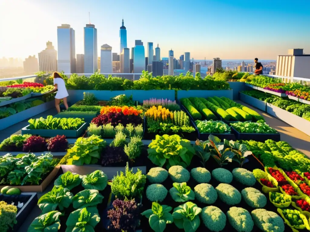 Un jardín urbano vibrante y detallado, con vegetales verdes, flores coloridas y árboles frutales