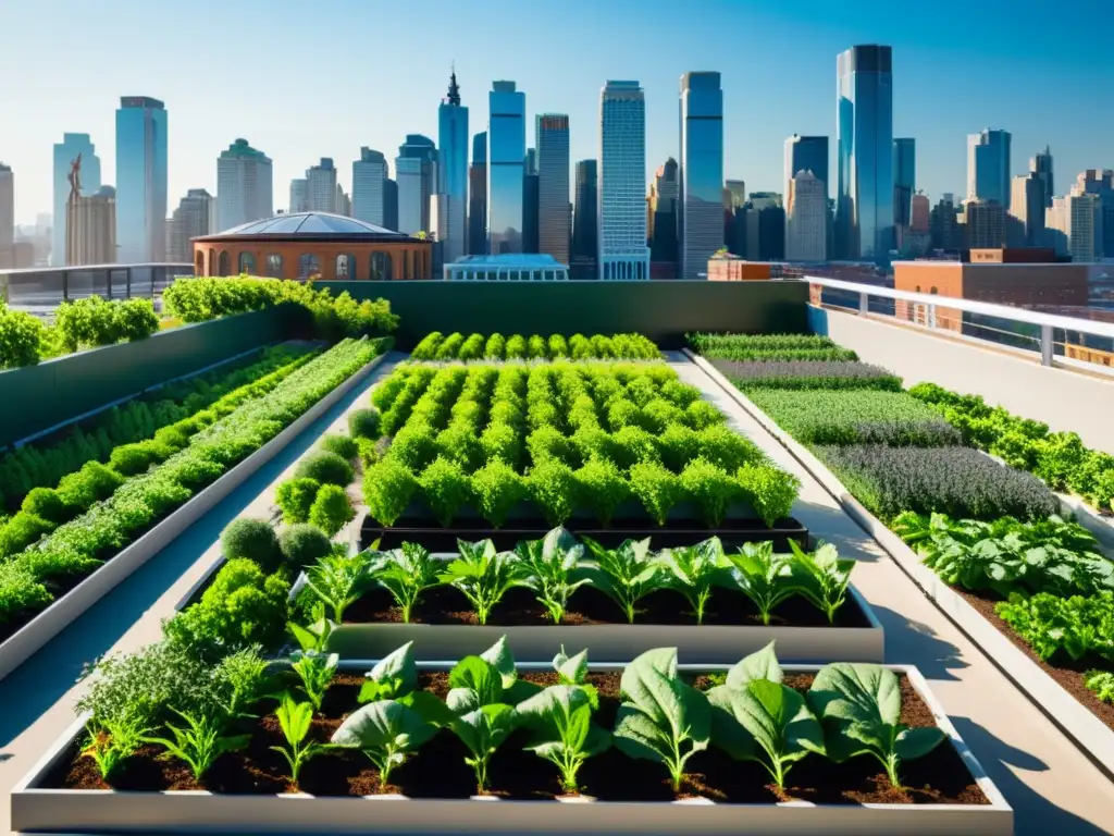 Un jardín urbano vibrante y dinámico con cultivos verticales en el corazón de la ciudad