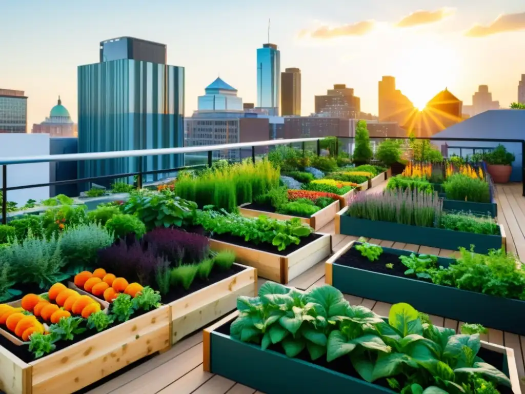 Un jardín urbano vibrante y dinámico con plantas y hortalizas coloridas, rodeado de edificios modernos