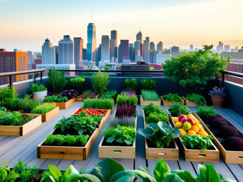 Jardín urbano vibrante con diversidad de cultivos y personas, reflejando la regulación de la agricultura urbana