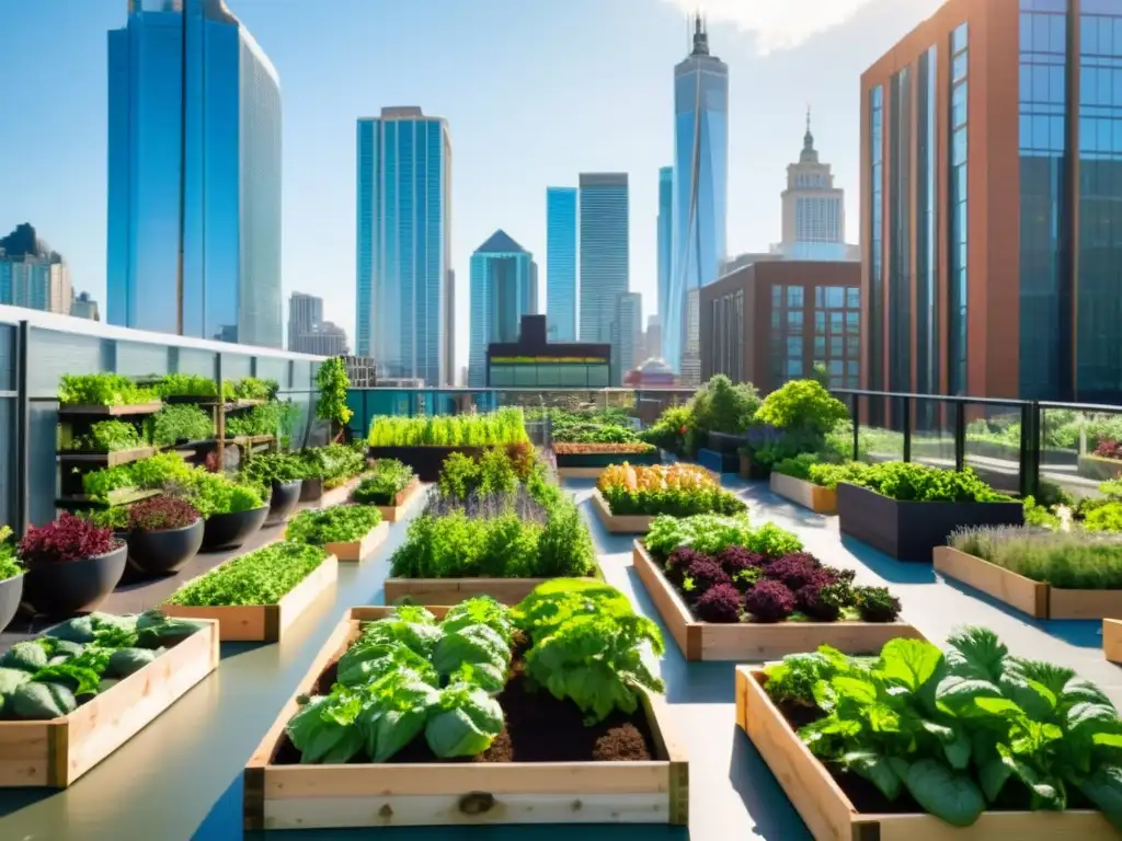 Un jardín urbano vibrante con diversidad de frutas y verduras en camas elevadas, rodeado de rascacielos