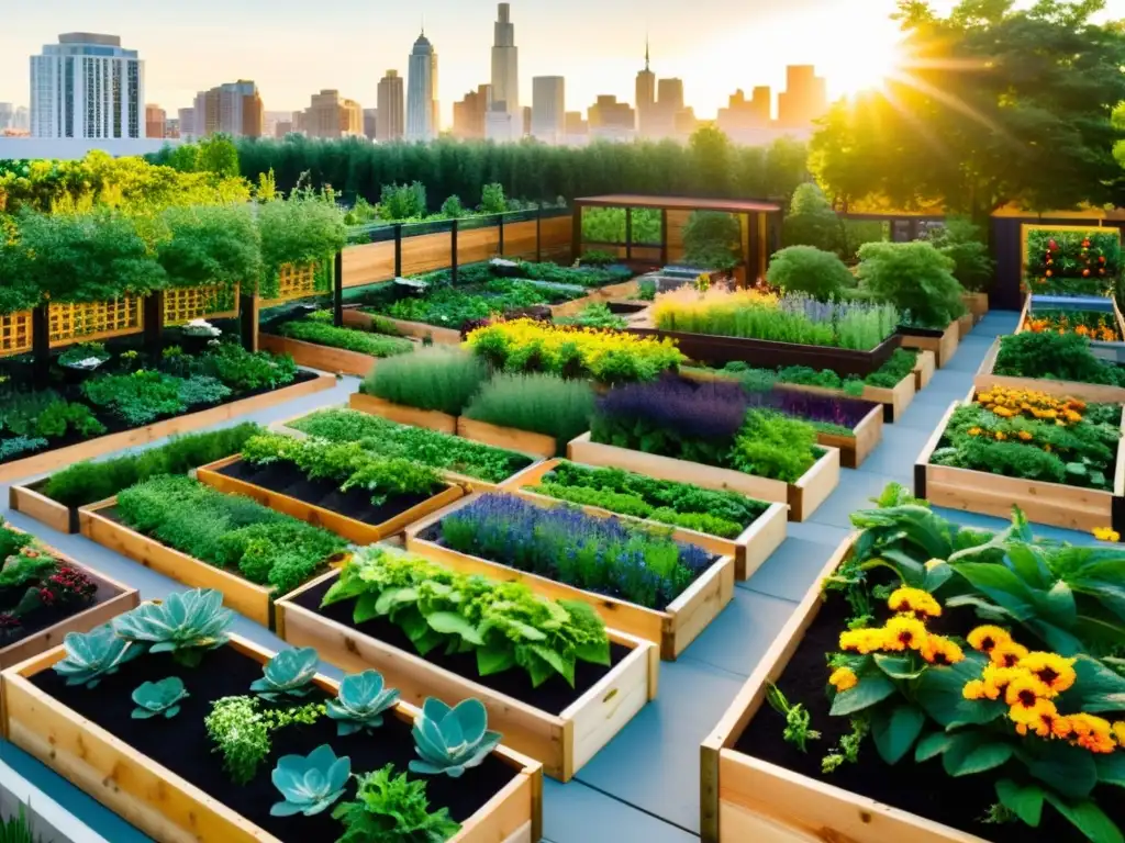 Jardín urbano vibrante con diversidad de frutas, verduras y flores