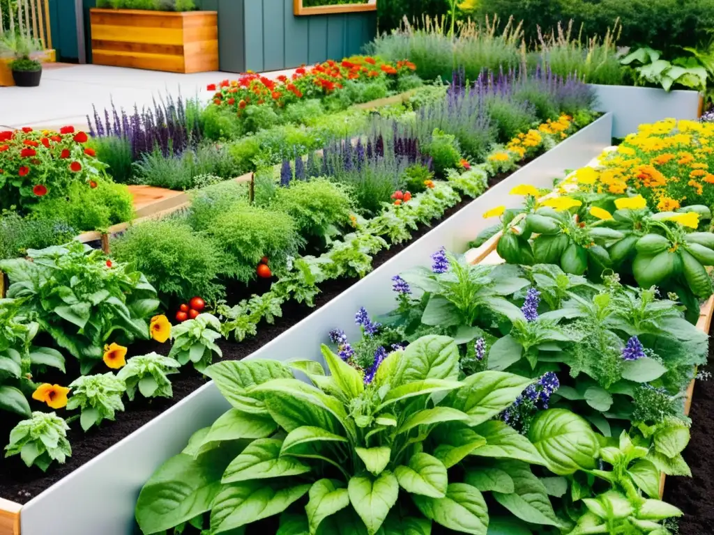 Jardín urbano vibrante con diversidad de plantas autóctonas y moderno diseño sostenible