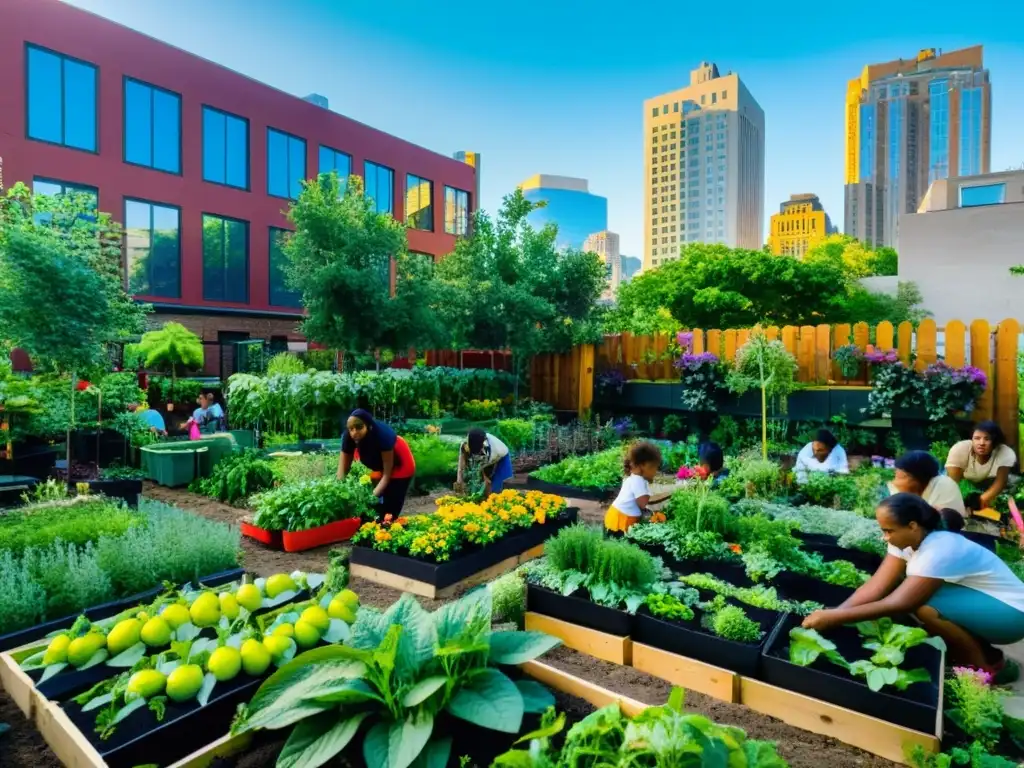 Jardín urbano vibrante con diversidad de plantas, niños y adultos trabajando juntos