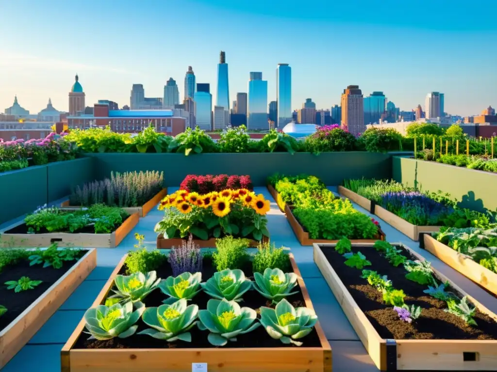 Un jardín urbano vibrante y diverso con cultivos ordenados y flores coloridas, bañado por la luz del sol