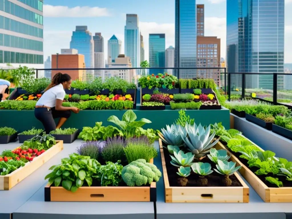 Un jardín urbano vibrante y diverso en un entorno moderno de rascacielos, con personas trabajando juntas para cuidar las plantas