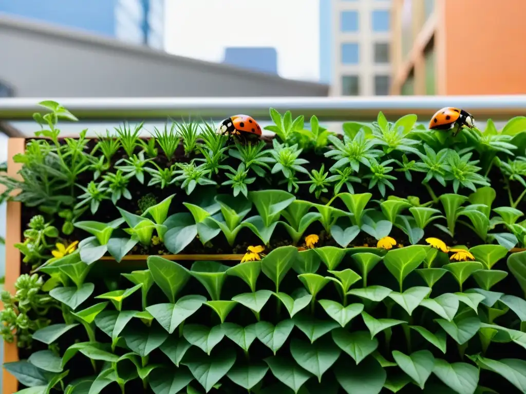 Un jardín urbano vibrante y diverso con flora, fauna y un diseño innovador que muestra el manejo ecológico de plagas urbanas