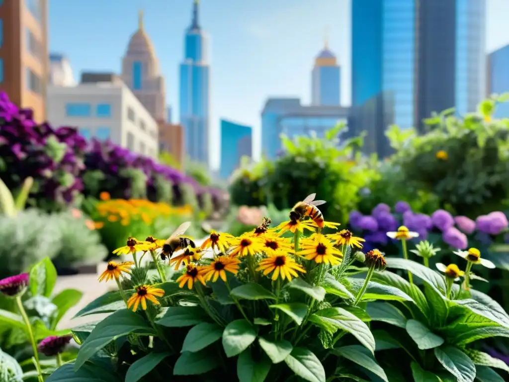 Un jardín urbano vibrante y diverso, con flores coloridas y abejas