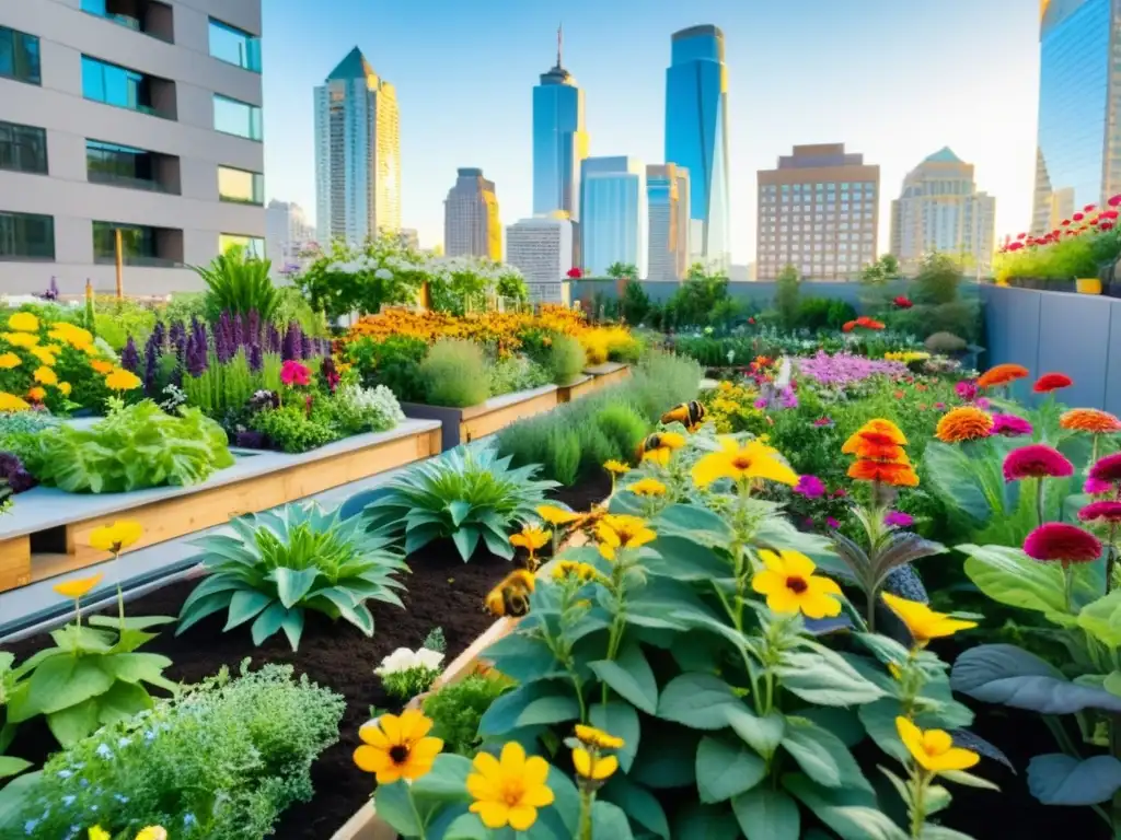 Un jardín urbano vibrante y diverso, con flores coloridas y biodiversidad