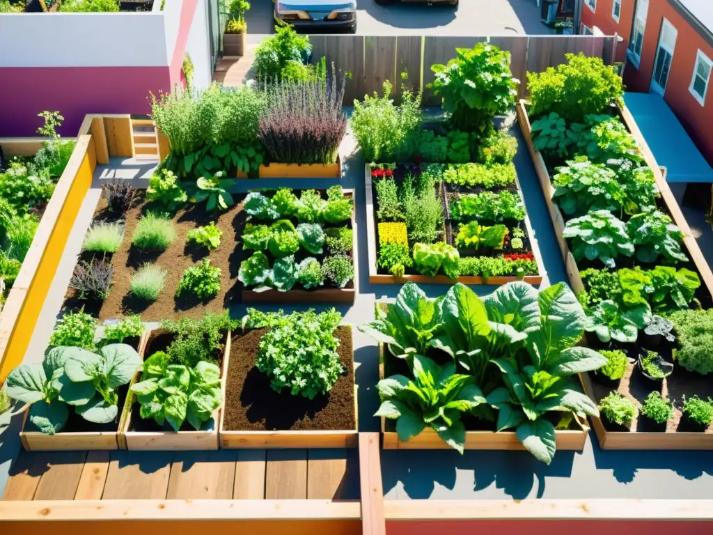 Un jardín urbano vibrante y diverso, con frutas, verduras y hierbas en armonía