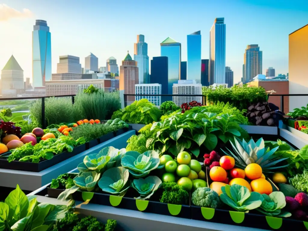 Un jardín urbano vibrante y diverso, lleno de frutas, verduras y hierbas