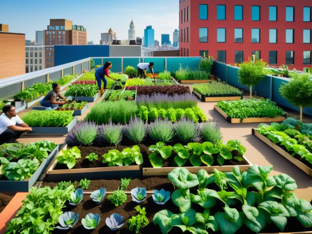 Un jardín urbano vibrante y diverso, con personas de diferentes orígenes trabajando juntas en la siembra y cuidado de cultivos