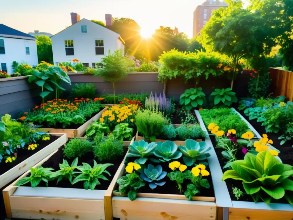 Un jardín urbano vibrante y diverso con plantas exuberantes, flores coloridas y hortalizas, bañado por la cálida luz del sol