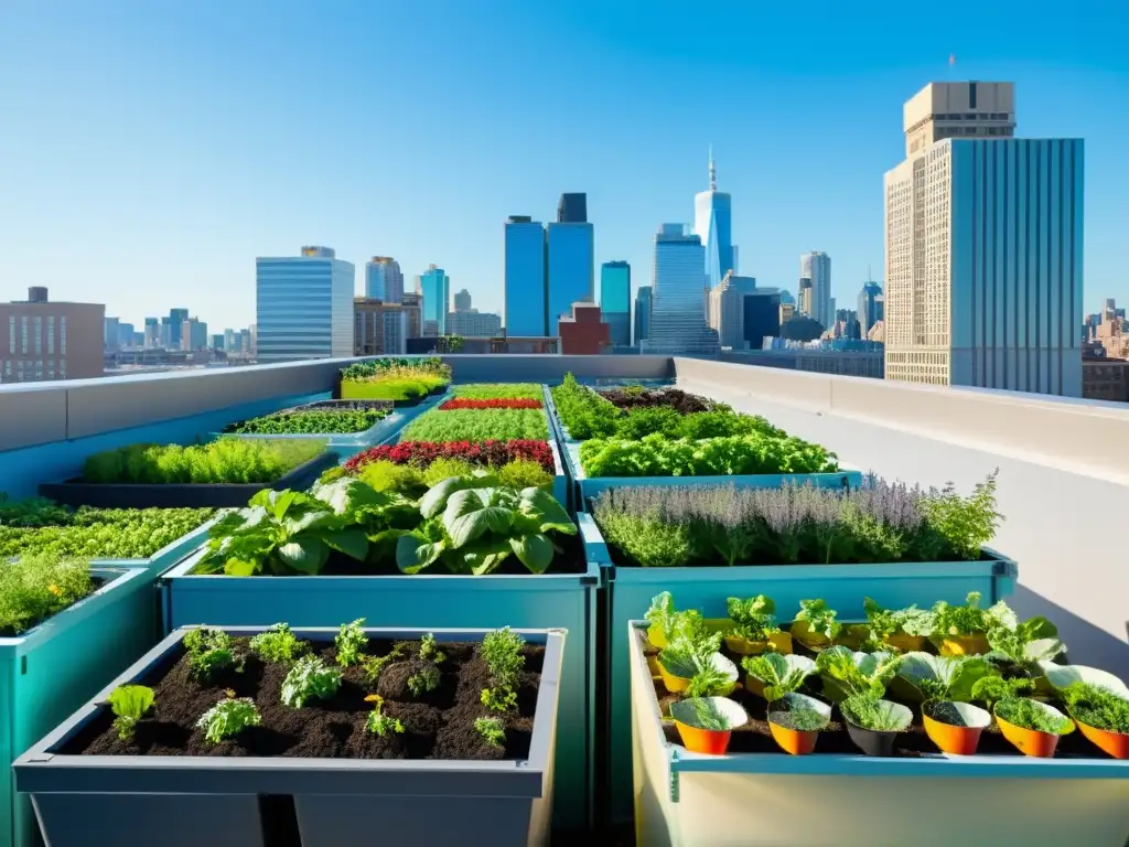 Un jardín urbano vibrante maximizando eficiencia agricultura urbana con plantas exuberantes y vegetales coloridos en un entorno citadino