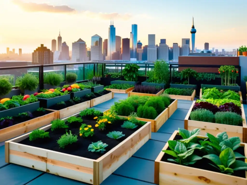 Un jardín urbano vibrante transformando espacios en fuentes de alimento, con frutas, vegetales y hierbas coloridos, y gente cuidando la huerta